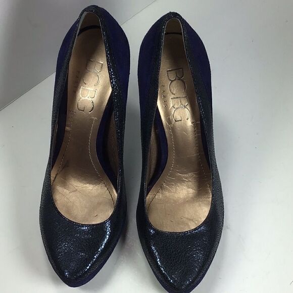 BCBG Paris Platform Stiletto Pumps Purple Suede Embossed Leather Heels Size 7.5 - Picture 2 of 8